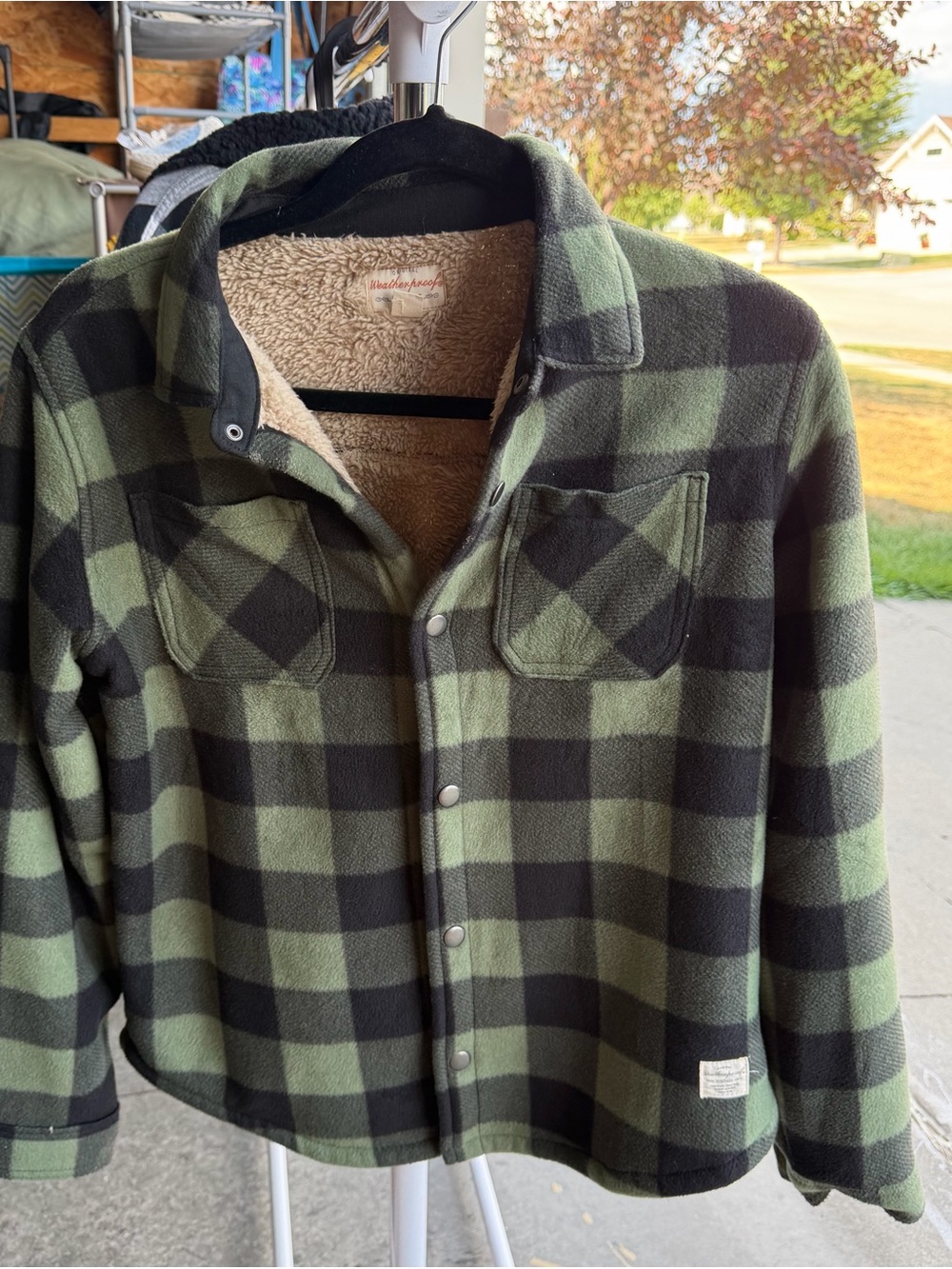 Weatherproof Green and Black Plaid Sherpa-Lined Shirt Jacket